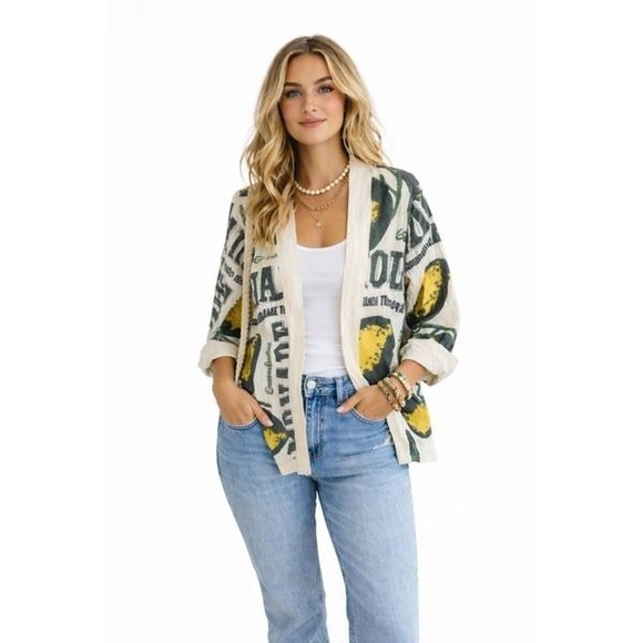 Jackets & Blazers - Kimono Jacket Cardigan‎ Cover Up Lemon Print Cotton